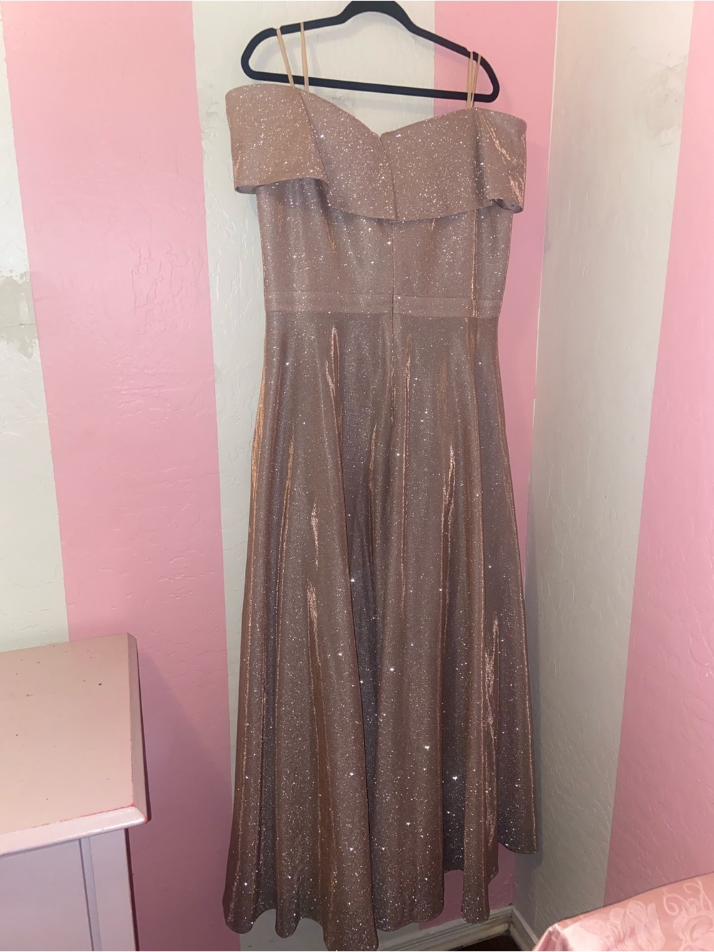 Xscape Off-Shoulder Sparkle Gown dress  in Rose Gold